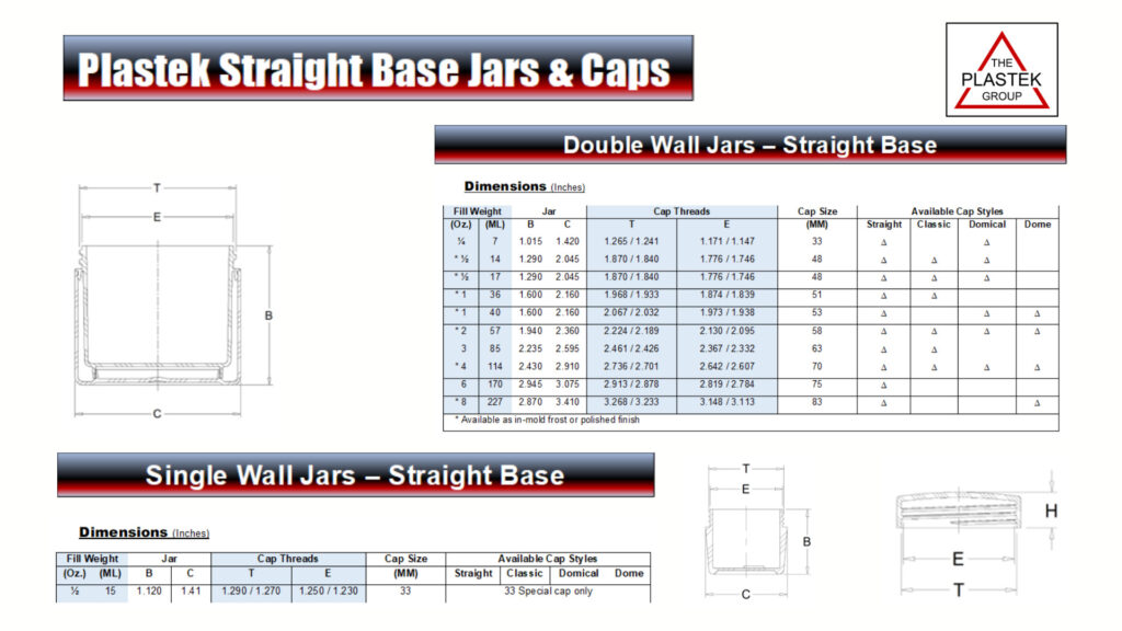 Straight base jars and caps dimensions 