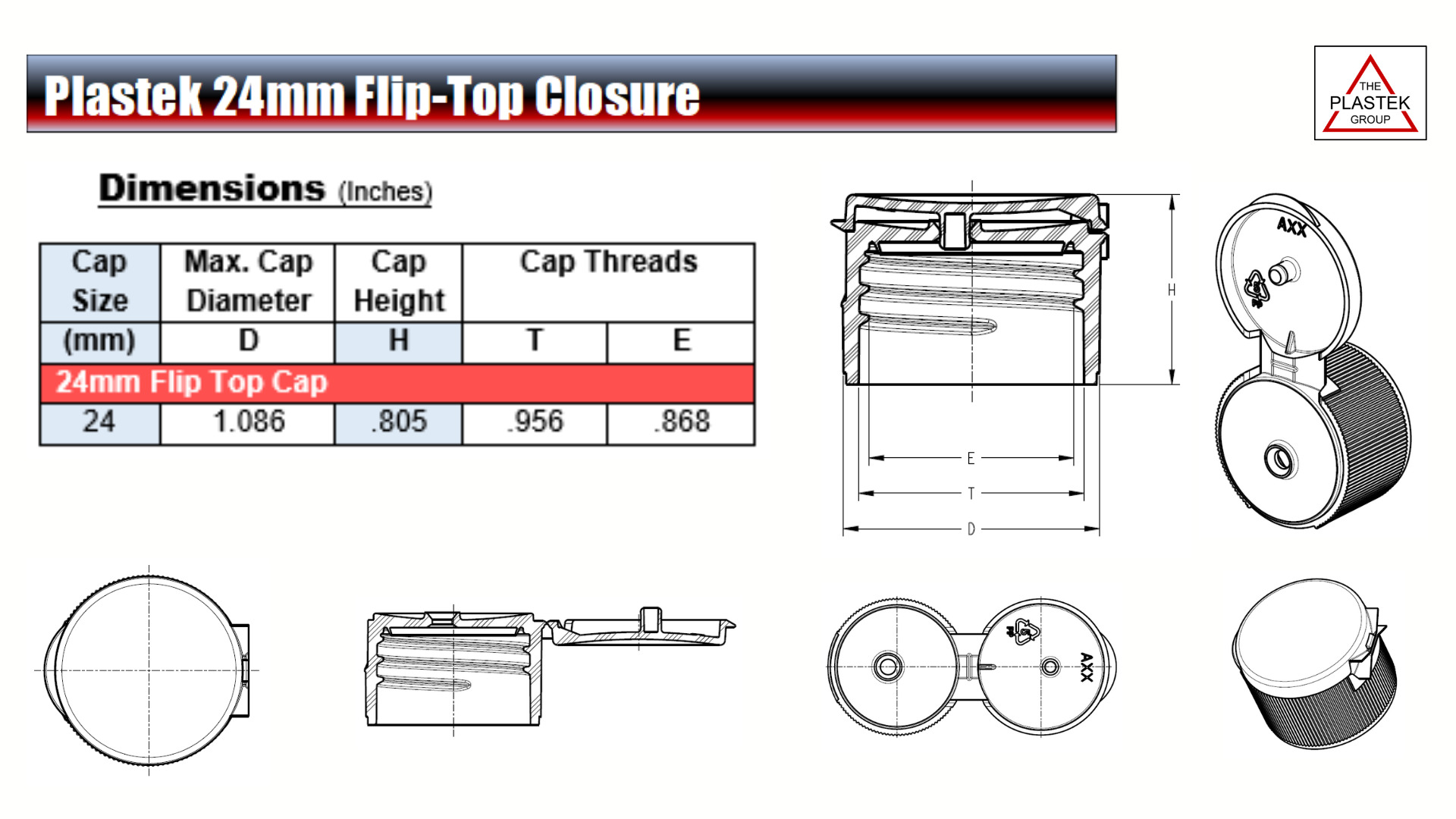 Dimensões do fecho flip-top de 24 mm