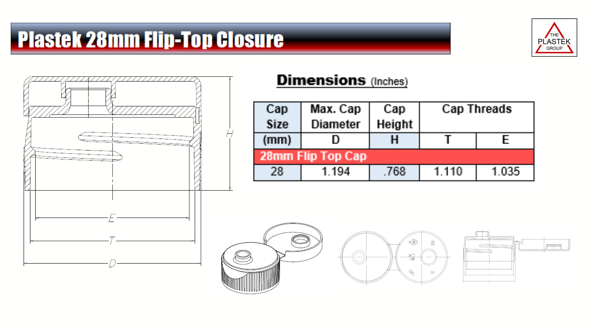 Dimensões do fecho flip-top de 28 mm